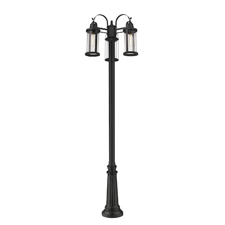 Roundhouse 3 Light Outdoor Post Mounted Fixture, Black And Clear Seedy